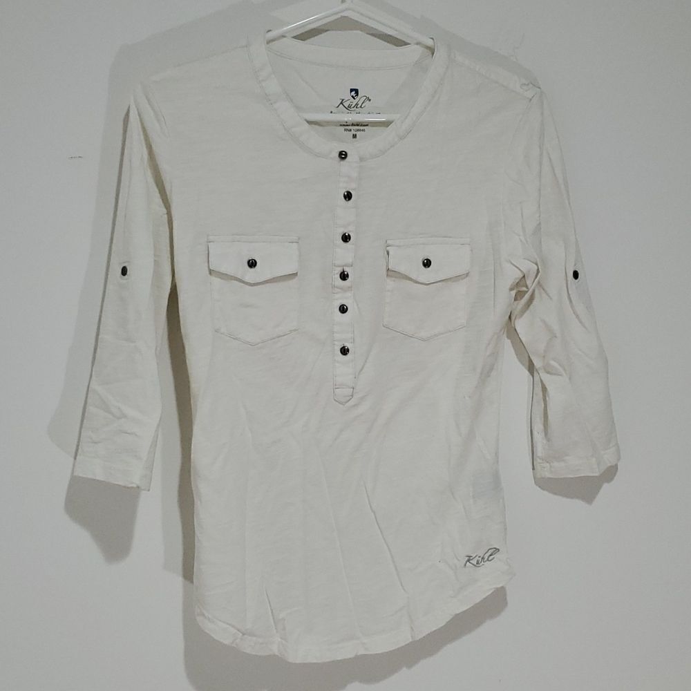 KUHL medium white button down long sleeve shirt